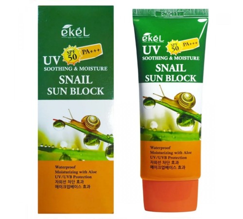 EKEL Soothing & Moisture Snail Sun Block SPF 50/PA+++ - Смягчающий солнцезащитный крем с муцином улитки, 70 ml.